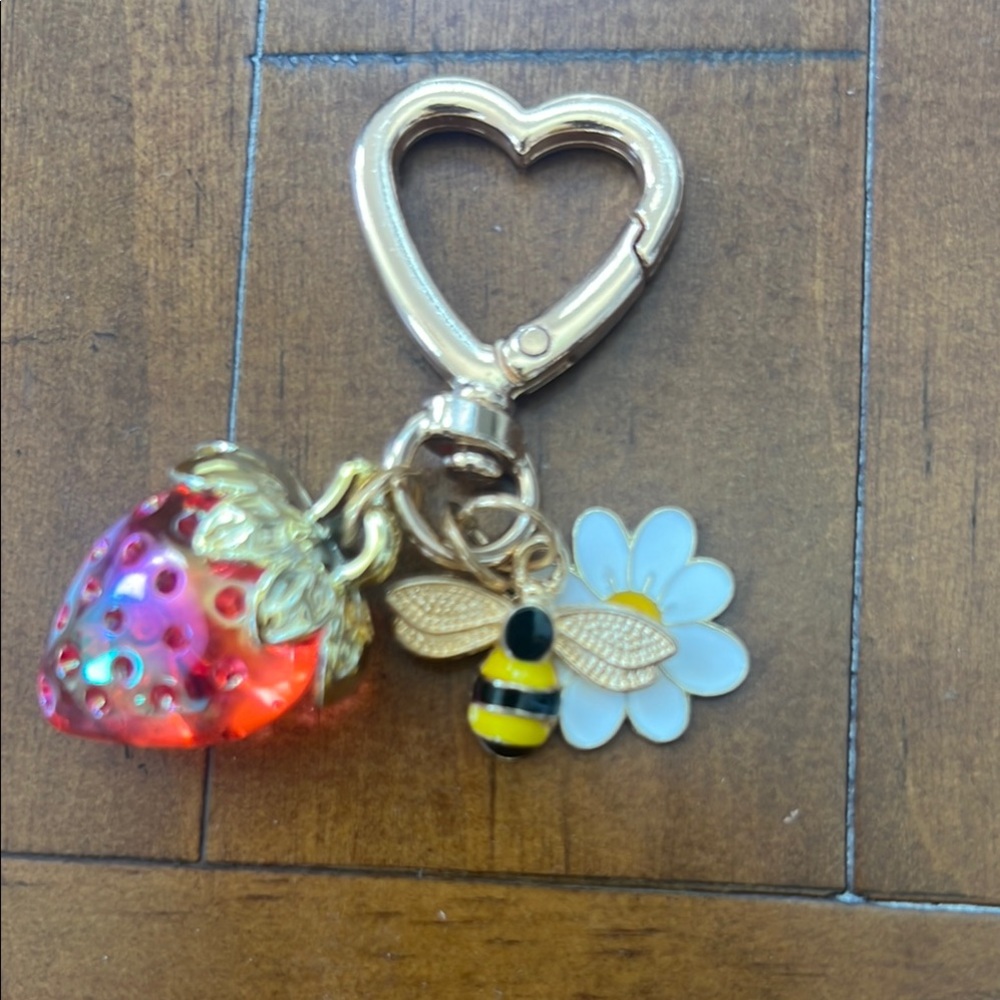 Bag charm or Keychain with Strawberry, Daisy, and Bee Charms. NWOT